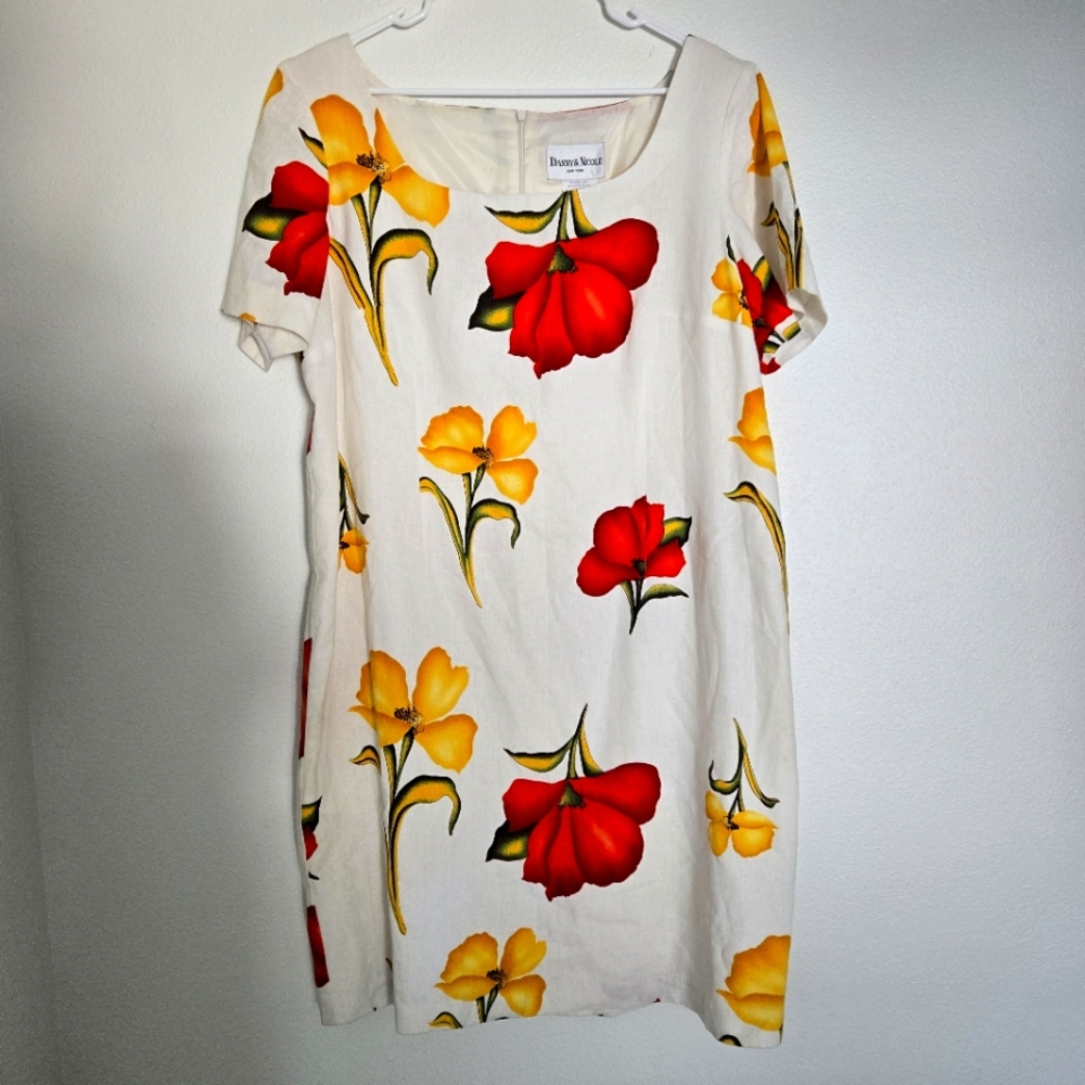 Danny & Nicole Red and Yellow Floral Linen Blend Dress